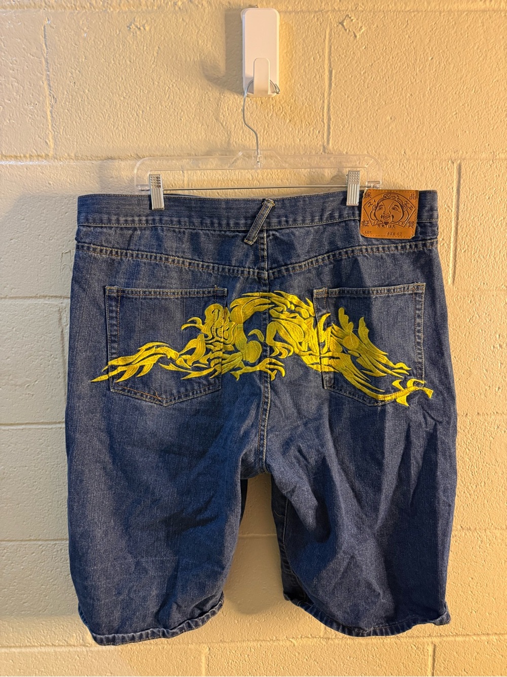 Evisu Blue Denim Shorts with Yellow Embroidered Back Motif